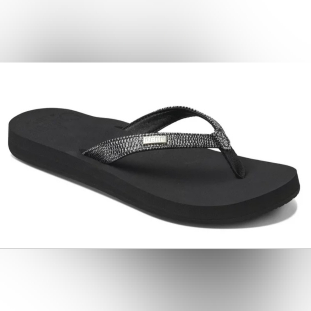 Reef-Black Cushion Foam Sandals Faux Reptile Glitter Strap
